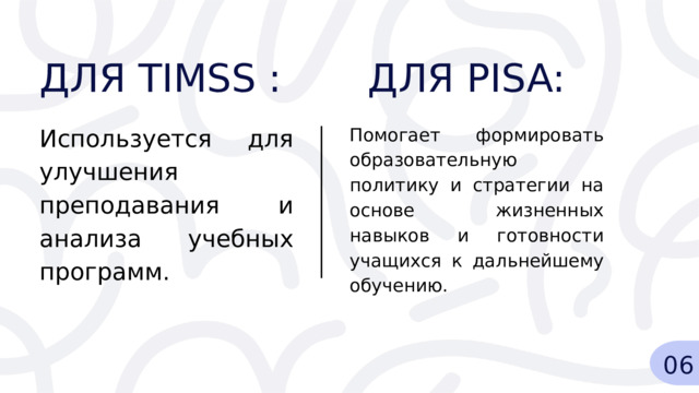 ДЛЯ TIMSS : ДЛЯ PISA: Используется для улучшения преподавания и анализа учебных программ. Помогает формировать образовательную политику и стратегии на основе жизненных навыков и готовности учащихся к дальнейшему обучению. 06 