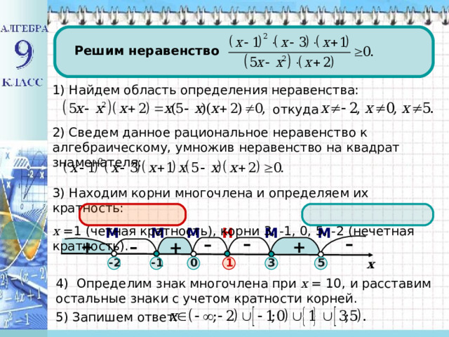 Решим неравенство 1) Найдем область определения неравенства: откуда 2) Сведем данное рациональное неравенство к алгебраическому, умножив неравенство на квадрат знаменателя: 3) Находим корни многочлена и определяем их кратность: х =1 (четная кратность), корни 3, -1, 0, 5, -2 (нечетная кратность). М М Н М М М – – – + + – + -2 3 -1 1 0 5 x 4 ) Определим знак многочлена при х = 10, и расставим остальные знаки с учетом кратности корней .  5 ) Запишем ответ: 