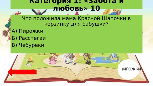 Категория 1: «Забота и любовь» 10 Что положила мама Красной Шапочки в корзинку для бабушки? А) Пирожки Б) Расстегаи В) Чебуреки ПИРОЖКИ 