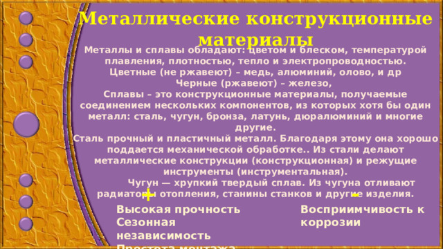 Металлические конструкционные материалы Металлы и сплавы обладают: цветом и блеском, температурой плавления, плотностью, тепло и электропроводностью.  Цветные (не ржавеют) – медь, алюминий, олово, и др Черные (ржавеют) – железо, Сплавы – это конструкционные материалы, получаемые соединением нескольких компонентов, из которых хотя бы один металл: сталь, чугун, бронза, латунь, дюралюминий и многие другие. Сталь прочный и пластичный металл. Благодаря этому она хорошо поддается механической обработке.. Из стали делают металлические конструкции (конструкционная) и режущие инструменты (инструментальная).  Чугун — хрупкий твердый сплав. Из чугуна отливают радиаторы отопления, станины станков и другие изделия.    + - Высокая прочность Восприимчивость к коррозии Сезонная независимость Простота монтажа 