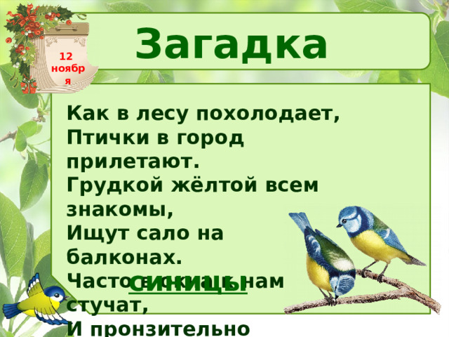 Загадка 12 ноября Как в лесу похолодает, Птички в город прилетают. Грудкой жёлтой всем знакомы, Ищут сало на балконах. Часто в окна к нам стучат, И пронзительно свистят! синицы 