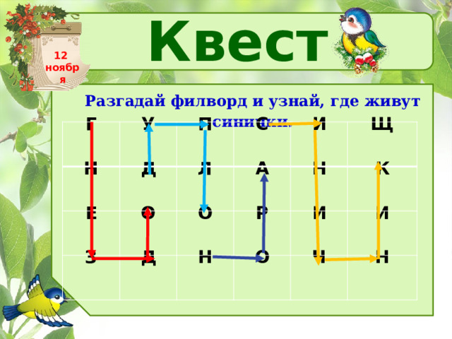 Квест 12 ноября Разгадай филворд и узнай, где живут синички. Г У Н Д П Е С З Л О А Д И О Н Р Н Щ К О И И Ч Н 