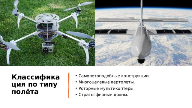 Классификация по типу полёта Самолетоподобные конструкции. Многоцелевые вертолеты. Роторные мультикоптеры. Стратосферные дроны. 