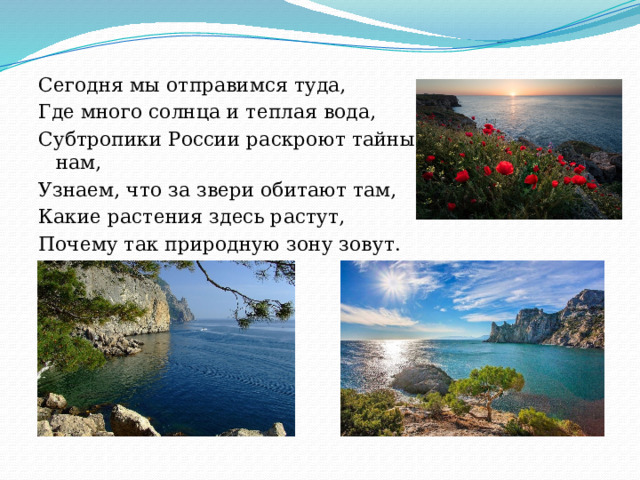 Сегодня мы отправимся туда, Где много солнца и теплая вода, Субтропики России раскроют тайны нам, Узнаем, что за звери обитают там, Какие растения здесь растут, Почему так природную зону зовут. 