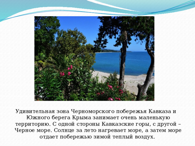 Удивительная зона Черноморского побережья Кавказа и Южного берега Крыма занимает очень маленькую территорию. С одной стороны Кавказские горы, с другой – Черное море. Солнце за лето нагревает море, а затем море отдает побережью зимой теплый воздух. 