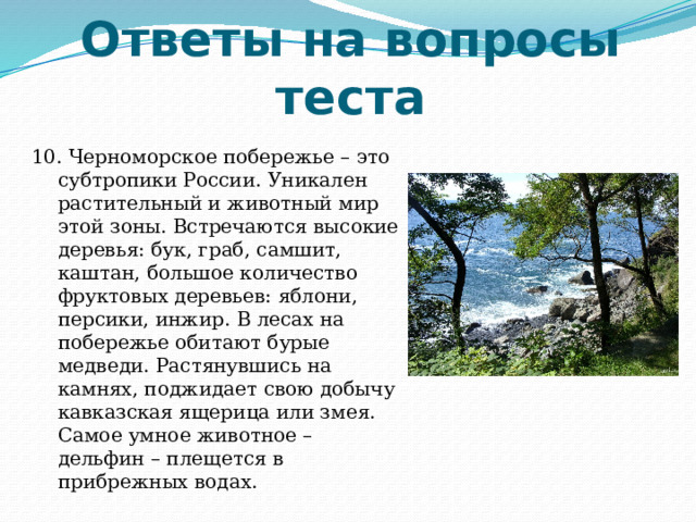 Ответы на вопросы теста 10. Черноморское побережье – это субтропики России. Уникален растительный и животный мир этой зоны. Встречаются высокие деревья: бук, граб, самшит, каштан, большое количество фруктовых деревьев: яблони, персики, инжир. В лесах на побережье обитают бурые медведи. Растянувшись на камнях, поджидает свою добычу кавказская ящерица или змея. Самое умное животное – дельфин – плещется в прибрежных водах. 