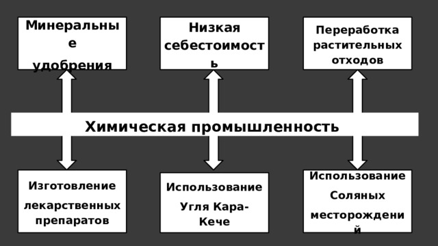 Минеральные Низкая себестоимость Переработка растительных отходов удобрения Химическая промышленность Изготовление Использование лекарственных препаратов Соляных месторождений Использование Угля Кара- Кече 