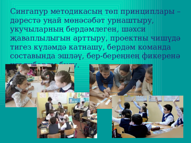 Сингапур методикасың төп принциплары – дәрестә уңай мөнәсәбәт урнаштыру, укучыларның бердәмлеген, шәхси җаваплылыгын арттыру, проектны чишүдә тигез күләмдә катнашу, бердәм команда составында эшләү, бер-береңнең фикеренә игътибарлы булу. 