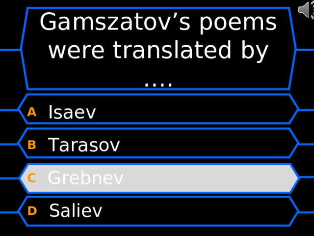 Gamszatov’s poems were translated by …. A  Isaev B  Tarasov C  Grebnev D  Saliev 