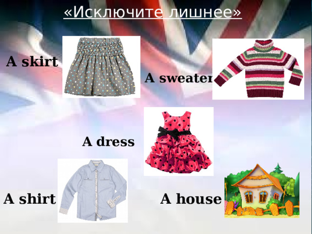 «Исключите лишнее»  A skirt A sweater A dress  A house A shirt 