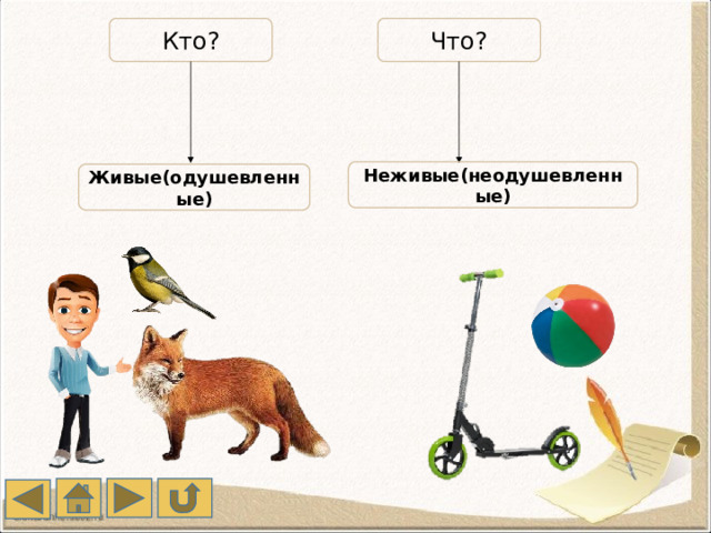 Что? Кто? Неживые(неодушевленные) Живые(одушевленные) 