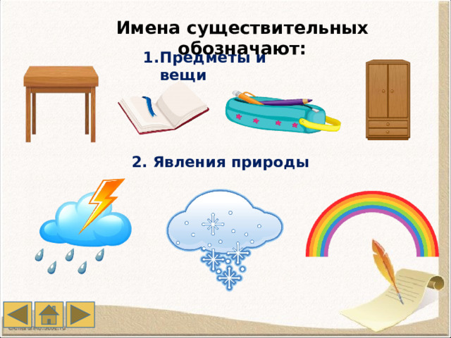 Имена существительных обозначают: Предметы и вещи 2. Явления природы 