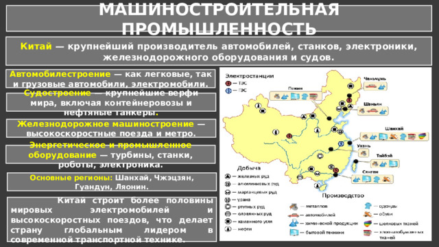 МАШИНОСТРОИТЕЛЬНАЯ ПРОМЫШЛЕННОСТЬ Китай — крупнейший производитель автомобилей, станков, электроники, железнодорожного оборудования и судов. Автомобилестроение — как легковые, так и грузовые автомобили, электромобили. Судостроение — крупнейшие верфи мира, включая контейнеровозы и нефтяные танкеры . Железнодорожное машиностроение — высокоскоростные поезда и метро. Энергетическое и промышленное оборудование — турбины, станки, роботы, электроника. Основные регионы: Шанхай, Чжэцзян, Гуандун, Ляонин.  Китай строит более половины мировых электромобилей и высокоскоростных поездов, что делает страну глобальным лидером в современной транспортной технике. 
