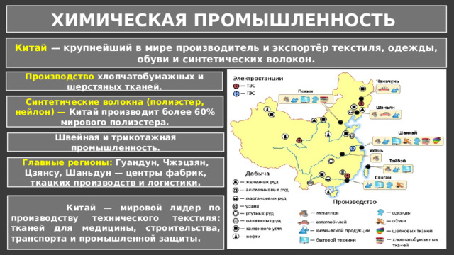 ХИМИЧЕСКАЯ ПРОМЫШЛЕННОСТЬ Китай — крупнейший в мире производитель и экспортёр текстиля, одежды, обуви и синтетических волокон. Производство хлопчатобумажных и шерстяных тканей. Синтетические волокна (полиэстер, нейлон) — Китай производит более 60% мирового полиэстера. Швейная и трикотажная промышленность. Главные регионы: Гуандун, Чжэцзян, Цзянсу, Шаньдун — центры фабрик, ткацких производств и логистики.  Китай — мировой лидер по производству технического текстиля: тканей для медицины, строительства, транспорта и промышленной защиты. 