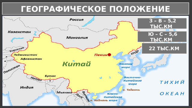 ГЕОГРАФИЧЕСКОЕ ПОЛОЖЕНИЕ  З – В – 5,2 ТЫС.КМ  Ю – С – 5,6 ТЫС.КМ  22 ТЫС.КМ 