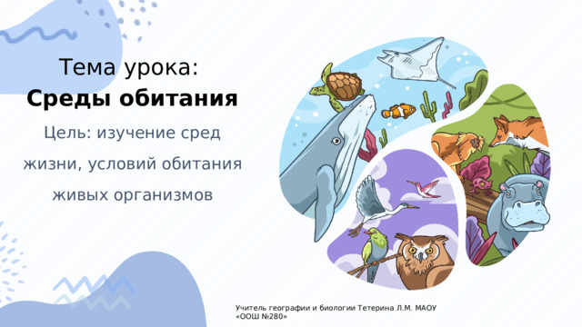 Тема урока: Среды обитания Цель: изучение сред жизни, условий обитания живых организмов  Учитель географии и биологии Тетерина Л.М. МАОУ «ООШ №280» 