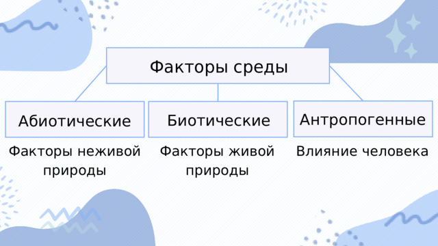 Факторы среды Антропогенные Биотические Абиотические Факторы неживой природы Факторы живой природы Влияние человека 