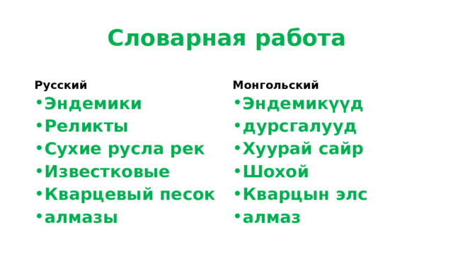Словарная работа Русский Монгольский Эндемики Реликты Сухие русла рек Известковые Кварцевый песок алмазы Эндемикүүд дурсгалууд Хуурай сайр Шохой Кварцын элс алмаз  