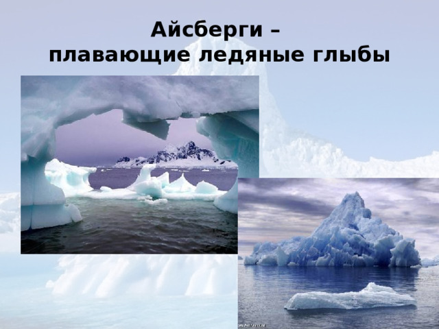 Айсберги –  плавающие ледяные глыбы 