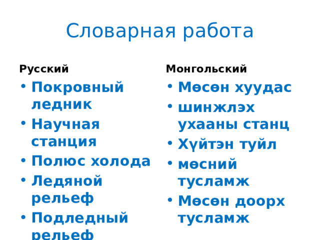 Словарная работа Русский Монгольский Покровный ледник Научная станция Полюс холода Ледяной рельеф Подледный рельеф Мөсөн хуудас шинжлэх ухааны станц Хүйтэн туйл мөсний тусламж Мөсөн доорх тусламж 