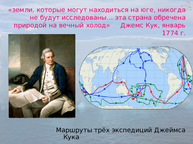 «земли, которые могут находиться на юге, никогда не будут исследованы… эта страна обречена природой на вечный холод» Джемс Кук, январь 1774 г. Маршруты трёх экспедиций Джеймса Кука 