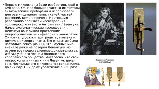 Первые микроскопы были изобретены ещё в XVII веке. Однако большей частью их считали экзотическими приборами и использовали для разглядывания пыли, тканей, частей растений, кожи и прочего. Настоящую революцию произвели исследования голландского учёного Антони ван Лéвенгука. Начав систематические исследования, Левенгук обнаружил простейшие микроорганизмы — инфузорий и коловраток. Он изучал дрожжи, эритроциты, плесень и другие микроорганизмы. Его открытия были настолько сенсационны, что научный мир вначале даже не поверил Левенгуку, но, изучив все представленные доказательства, избрал учёного членом Лондонского королевского общества. Интересно, что свои микроскопы и линзы к ним Левенгук делал сам. Несколько его микроскопов сохранились до сих пор. Они дают увеличение в 250 раз! 