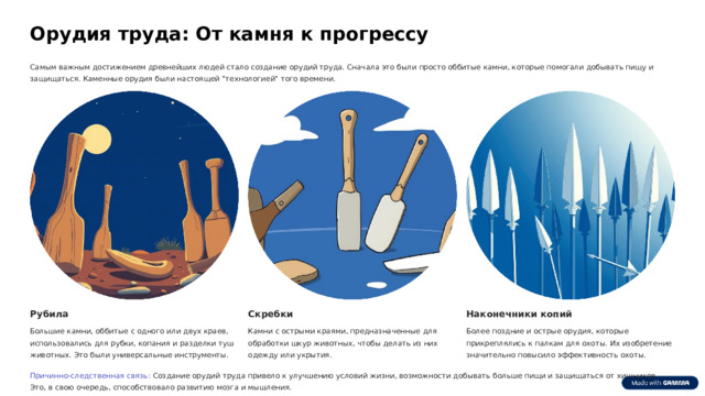 Орудия труда: От камня к прогрессу Самым важным достижением древнейших людей стало создание орудий труда. Сначала это были просто оббитые камни, которые помогали добывать пищу и защищаться. Каменные орудия были настоящей 