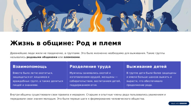 Жизнь в общине: Род и племя Древнейшие люди жили не поодиночке, а группами. Это было жизненно необходимо для выживания. Такие группы назывались родовыми общинами или племенами . Разделение труда Взаимопомощь Выживание детей Вместе было легче охотиться, защищаться от хищников и враждебных групп, а также делиться пищей и знаниями. Мужчины занимались охотой и изготовлением орудий, женщины — собирательством, воспитанием детей, поддержанием огня. В группе дети были более защищены и имели больше шансов выжить и вырасти, что обеспечивало продолжение рода. Внутри общины существовали свои правила и иерархия. Старшие и опытные члены рода пользовались уважением и передавали свои знания молодым. Это были первые шаги к формированию человеческого общества.  