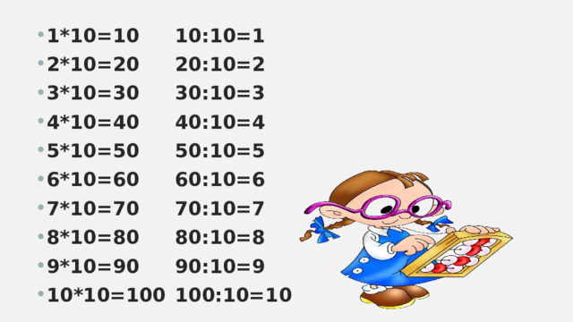 1*10=10   10:10=1  2*10=20   20:10=2 3*10=30   30:10=3 4*10=40   40:10=4 5*10=50   50:10=5 6*10=60   60:10=6 7*10=70   70:10=7 8*10=80   80:10=8 9*10=90   90:10=9 10*10=100  100:10=10  