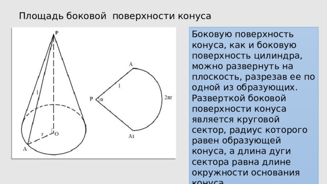 Площадь боковой  поверхности конуса Боковую поверхность конуса, как и боковую поверхность цилиндра, можно развернуть на плоскость, разрезав ее по одной из образующих. Разверткой боковой поверхности конуса является круговой сектор, радиус которого равен образующей конуса, а длина дуги сектора равна длине окружности основания конуса. 