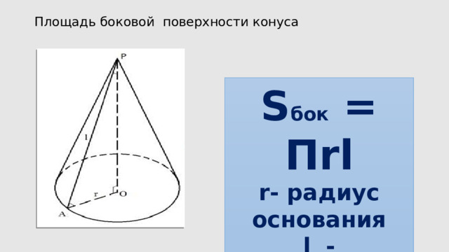 Площадь боковой  поверхности конуса S бок = Пrl r- радиус основания l - образующая 