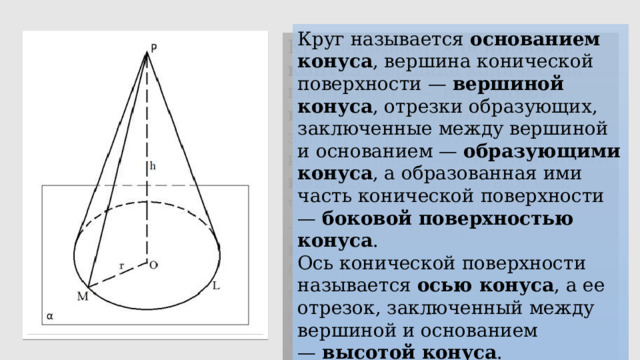 Круг называется  основанием конуса , вершина конической поверхности —  вершиной конуса , отрезки образующих, заключенные между вершиной и основанием —  образующими конуса , а образованная ими часть конической поверхности —  боковой поверхностью конуса . Ось конической поверхности называется  осью конуса , а ее отрезок, заключенный между вершиной и основанием —  высотой конуса . Все образующие конуса равны друг другу. 