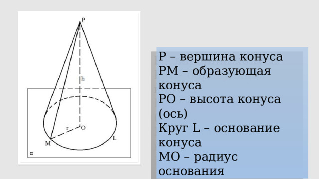 Р – вершина конуса РМ – образующая конуса РО – высота конуса (ось) Круг L – основание конуса МО – радиус основания 