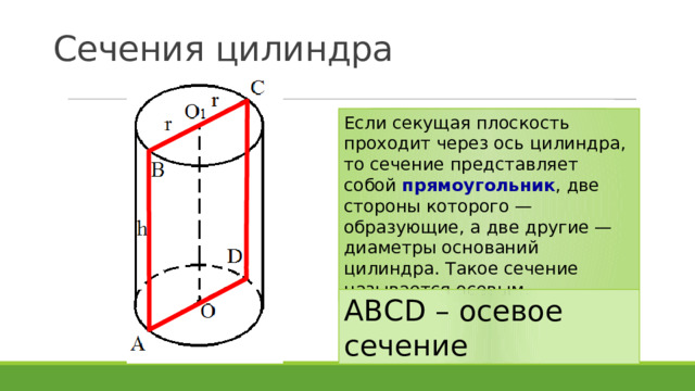 Сечения цилиндра Если секущая плоскость проходит через ось цилиндра, то сечение представляет собой прямоугольник , две стороны которого — образующие, а две другие — диаметры оснований цилиндра. Такое сечение называется осевым. АВСD – осевое сечение 