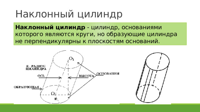 Наклонный цилиндр Наклонный цилиндр  - цилиндр, основаниями которого являются круги, но образующие цилиндра не перпендикулярны к плоскостям оснований. 