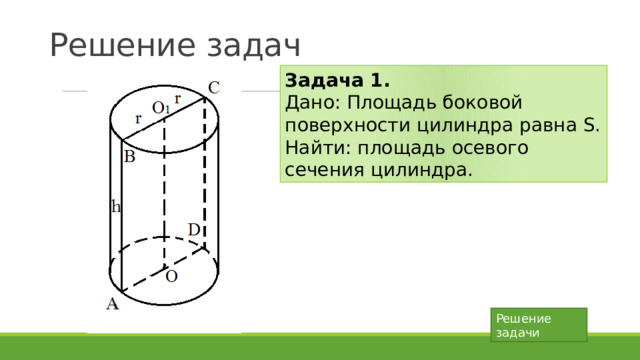 Решение задач Задача 1.   Дано: Площадь боковой поверхности цилиндра равна S. Найти: площадь осевого сечения цилиндра. Решение задачи 