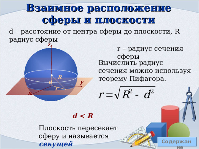 Сечения шара Содержание Сечение шара, проходящее через его центр. В сечении – круг. В этом случае в сечении получается круг наибольшего радиуса, его называют большой круг шара . Сечение плоскостью, не проходящей через центр.  В сечении – круг. Теорема: Площадь поверхности шара равна четыре площади большого круга шара. S = 4  R 2 