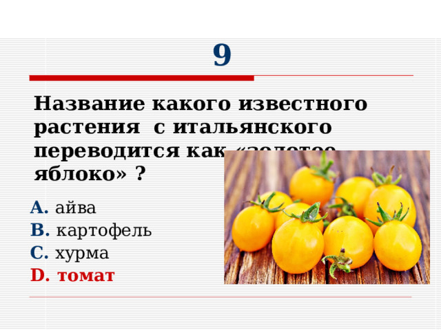  9      A. айва  B. картофель C. хурма D. томат Название какого известного растения с итальянского переводится как «золотое яблоко» ?   