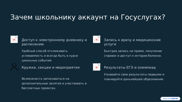 Зачем школьнику аккаунт на Госуслугах? Доступ к электронному дневнику и расписанию Запись к врачу и медицинские услуги Удобный способ отслеживать успеваемость и всегда быть в курсе школьных событий. Быстрая запись на прием, получение справок и доступ к истории болезни. Кружки, секции и мероприятия Результаты ЕГЭ и олимпиад Узнавайте свои результаты первыми и планируйте дальнейшее образование. Возможность записываться на дополнительные занятия и участвовать в бесплатных проектах.  