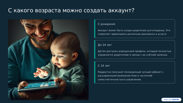 С какого возраста можно создать аккаунт? С рождения Аккаунт может быть создан родителем для младенца. Это позволяет привязывать различные документы и услуги. До 14 лет Детям доступен упрощенный профиль, который полностью управляется родителями и связан с их учётной записью. С 14 лет Подростки получают полноценный личный кабинет с расширенными возможностями и частичной самостоятельностью в управлении.  