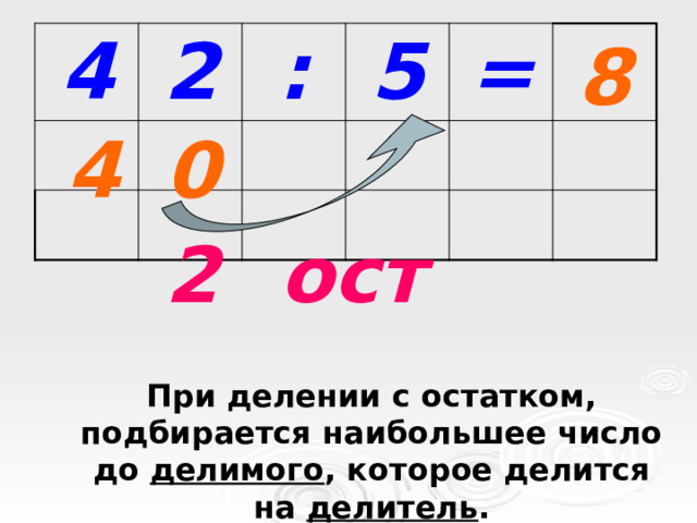 8 4 2 : 5 = 0 4 2 ост При делении с остатком, подбирается наибольшее число до делимого , которое делится на делитель . 