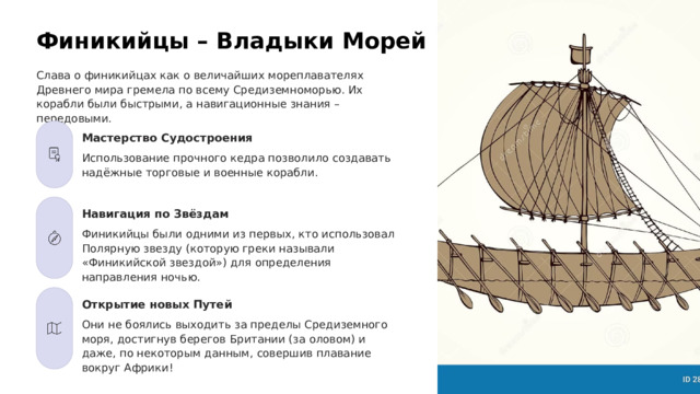  Финикийцы – Владыки Морей Слава о финикийцах как о величайших мореплавателях Древнего мира гремела по всему Средиземноморью. Их корабли были быстрыми, а навигационные знания – передовыми. Мастерство Судостроения Использование прочного кедра позволило создавать надёжные торговые и военные корабли. Навигация по Звёздам Финикийцы были одними из первых, кто использовал Полярную звезду (которую греки называли «Финикийской звездой») для определения направления ночью. Открытие новых Путей Они не боялись выходить за пределы Средиземного моря, достигнув берегов Британии (за оловом) и даже, по некоторым данным, совершив плавание вокруг Африки! 