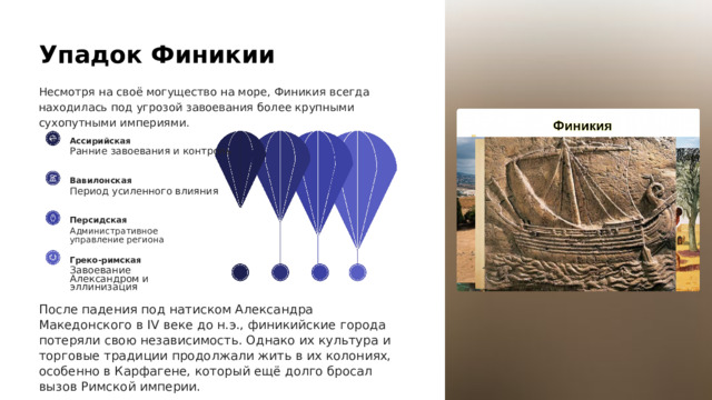  Упадок Финикии Несмотря на своё могущество на море, Финикия всегда находилась под угрозой завоевания более крупными сухопутными империями. Ассирийская Ранние завоевания и контроль Вавилонская Период усиленного влияния Персидская Административное управление региона Греко-римская Завоевание Александром и эллинизация После падения под натиском Александра Македонского в IV веке до н.э., финикийские города потеряли свою независимость. Однако их культура и торговые традиции продолжали жить в их колониях, особенно в Карфагене, который ещё долго бросал вызов Римской империи. 