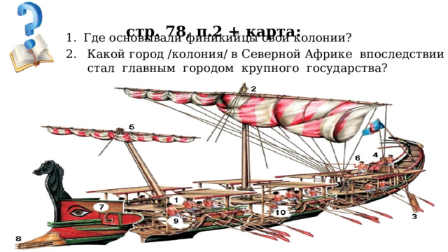  стр. 78, п.2 + карта:   Где основывали финикийцы свои колонии?  Какой город /колония/ в Северной Африке впоследствии стал главным городом крупного государства? 