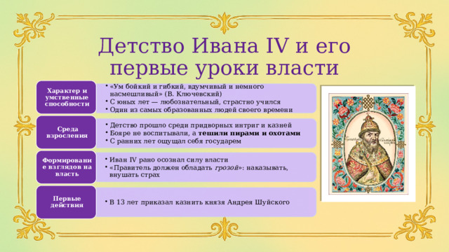«Ум бойкий и гибкий, вдумчивый и немного насмешливый» (В. Ключевский) С юных лет — любознательный, страстно учился Один из самых образованных людей своего времени «Ум бойкий и гибкий, вдумчивый и немного насмешливый» (В. Ключевский) С юных лет — любознательный, страстно учился Один из самых образованных людей своего времени Детство прошло среди придворных интриг и казней Бояре не воспитывали, а тешили пирами и охотами С ранних лет ощущал себя государем Детство прошло среди придворных интриг и казней Бояре не воспитывали, а тешили пирами и охотами С ранних лет ощущал себя государем Иван IV рано осознал силу власти «Правитель должен обладать грозой »: наказывать, внушать страх Иван IV рано осознал силу власти «Правитель должен обладать грозой »: наказывать, внушать страх В 13 лет приказал казнить князя Андрея Шуйского В 13 лет приказал казнить князя Андрея Шуйского Детство Ивана IV и его первые уроки власти Характер и умственные способности  Среда взросления Формирование взглядов на власть Первые действия 