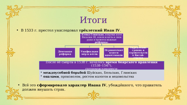 Итоги В 1533 г. престол унаследовал трёхлетний Иван IV . Елена Глинская , вопреки воле Василия III, взяла власть в свои руки и провела важные реформы : Денежная реформа Унификация мер и весов Ограничение власти наместников Укрепление границ и строительство Китай-города После её смерти в 1538 г. началось время боярского правления (1538–1547),  сопровождавшееся: междоусобной борьбой Шуйских, Бельских, Глинских опалами , произволом, ростом налогов и недовольства междоусобной борьбой Шуйских, Бельских, Глинских опалами , произволом, ростом налогов и недовольства Всё это сформировало характер Ивана IV , убеждённого, что правитель должен внушать страх. 