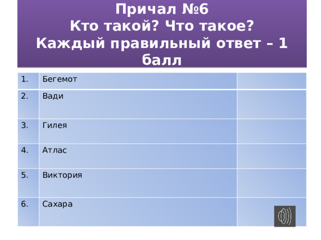 Причал №6  Кто такой? Что такое?  Каждый правильный ответ – 1 балл 1. Бегемот 2. Вади 3. Гилея 4. Атлас 5. Виктория 6. Сахара 