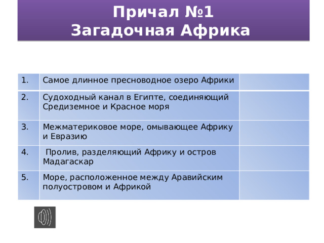 Причал №1  Загадочная Африка 1. Самое длинное пресноводное озеро Африки 2. Судоходный канал в Египте, соединяющий Средиземное и Красное моря 3. Межматериковое море, омывающее Африку и Евразию 4.   Пролив, разделяющий Африку и остров Мадагаскар 5. Море, расположенное между Аравийским полуостровом и Африкой 