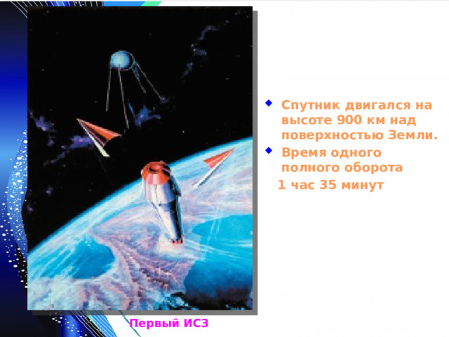 Спутник двигался на высоте 900 км над поверхностью Земли. Время одного полного оборота  1 час 35 минут Первый ИСЗ 