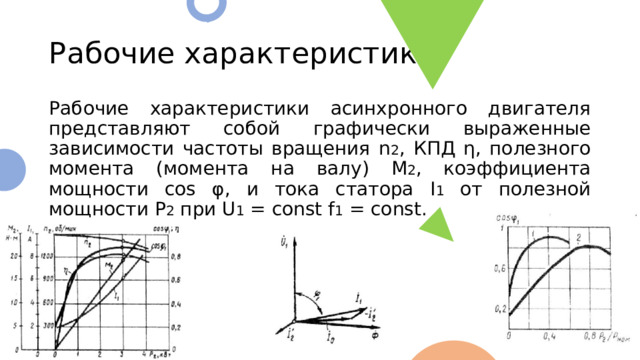 Рабочие характеристики Рабочие характеристики асинхронного двигателя представляют собой графически выраженные зависимости частоты вращения n 2 , КПД η, полезного момента (момента на валу) М 2 , коэффициента мощности cos φ, и тока статора I 1 от полезной мощности Р 2 при U 1 = const f 1 = const. 